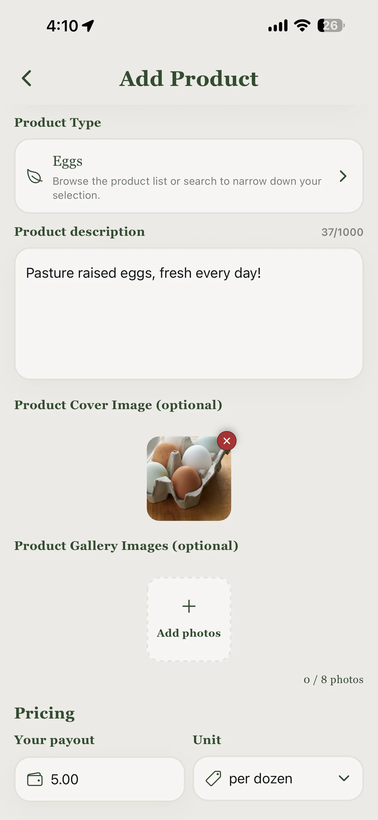 Fresh & Localé product listing screen for sellers