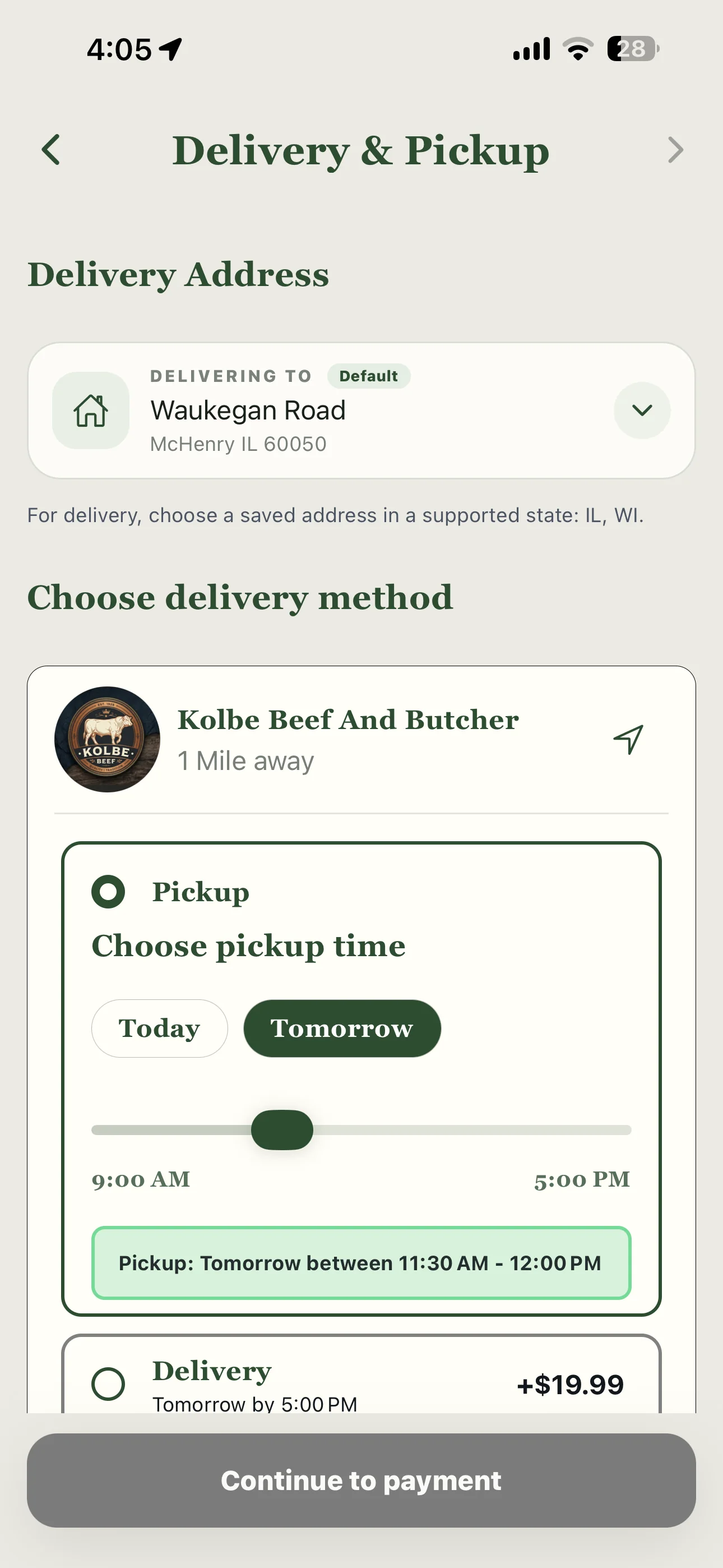 Fresh & Localé screen for selecting pickup or delivery