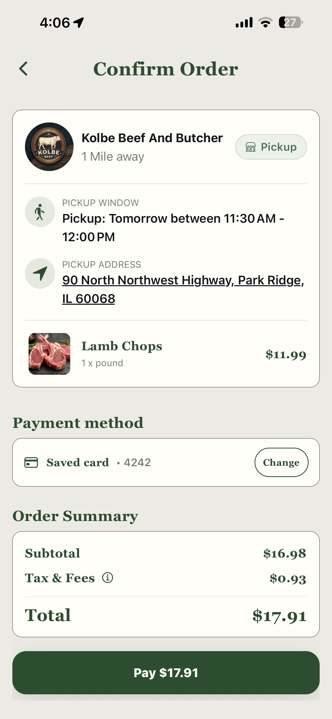 Fresh & Localé order confirmation screen with pickup details
